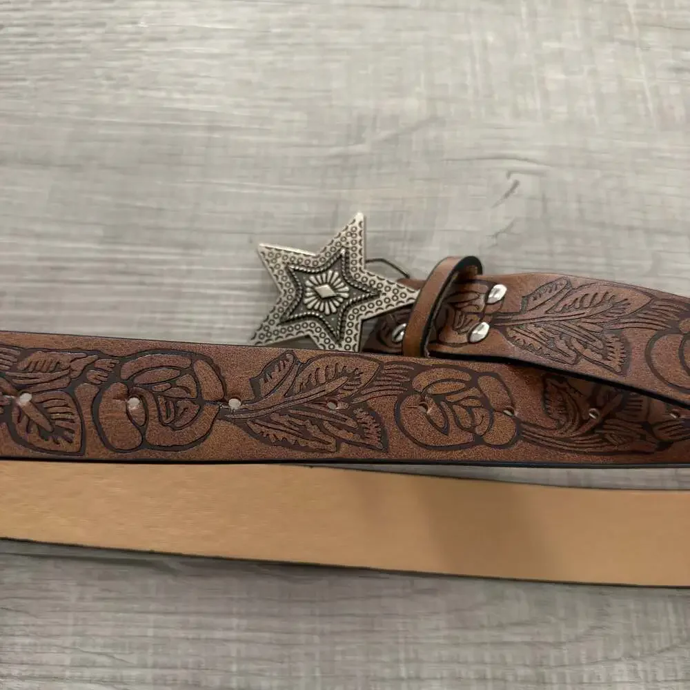 Western Style Brown Floral Embossed Belt with Star Buckle